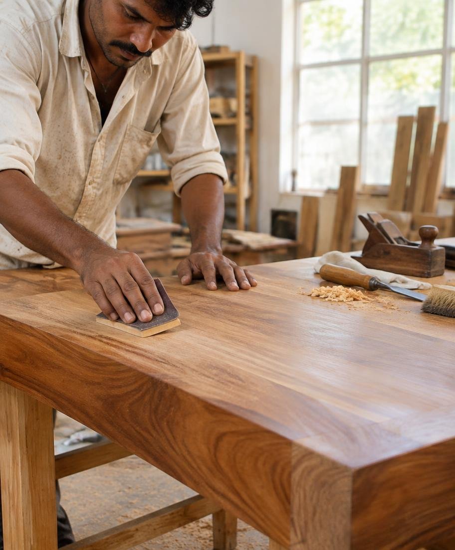 RP Furniture craftsman finishing a solid wooden table