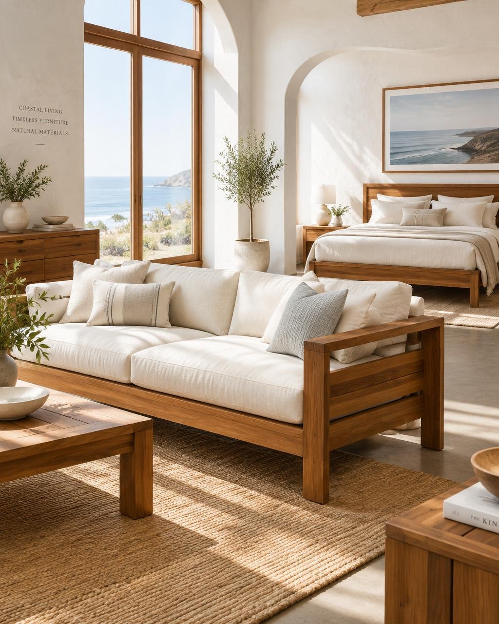Sunlit coastal showroom with teak furniture by RP Furniture Manufacturing